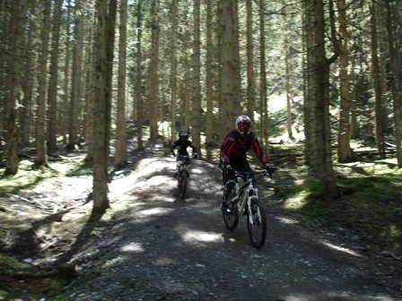 Zwei Downhillfahrer im Wald, in voller Schutzausrüstung